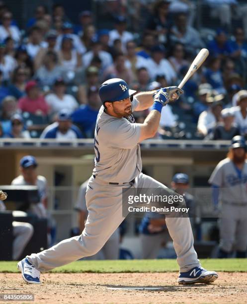 Rob Segedin of the Los Angeles Dodgers plays during a baseball game against the San Diego Padres at PETCO Park on September 2, 2017 in San Diego,...