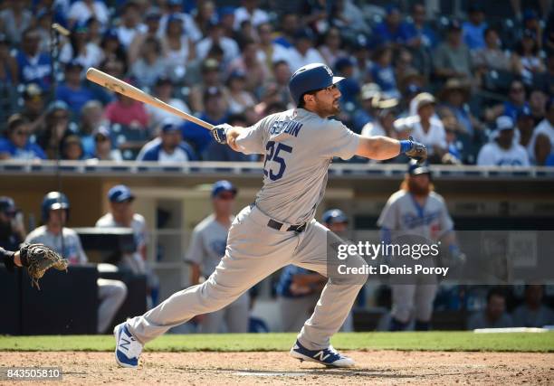 Rob Segedin of the Los Angeles Dodgers plays during a baseball game against the San Diego Padres at PETCO Park on September 2, 2017 in San Diego,...