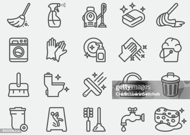 ilustraciones, imágenes clip art, dibujos animados e iconos de stock de limpieza de iconos de línea - cepillo