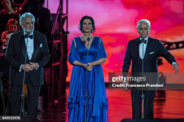 Placido Domingo, Angela Gheorghiu and Jose Carreras perform at Luciano Pavarotti 10th Anniversary Concert in Arena di Verona on September 6, 2017 in...