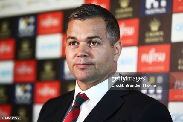 Anthony Seibold speaks to the media during a South Sydney Rabbitohs NRL coaching announcement at Redfern Oval on September 7, 2017 in Sydney,...