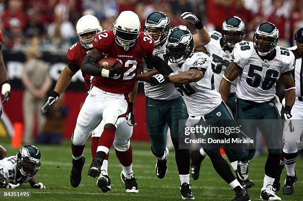 Running back Edgerrin James of the Arizona Cardinals runs with the ball against the Philadelphia Eagles during the NFC championship game on January...
