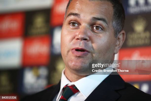 Anthony Seibold speaks to the media during a South Sydney Rabbitohs NRL coaching announcement at Redfern Oval on September 7, 2017 in Sydney,...