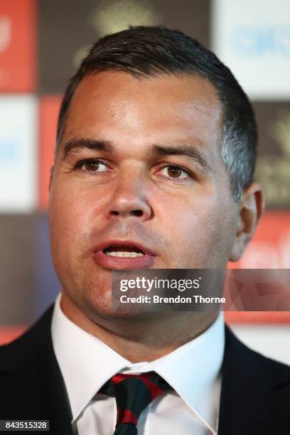 Anthony Seibold speaks to the media during a South Sydney Rabbitohs NRL coaching announcement at Redfern Oval on September 7, 2017 in Sydney,...