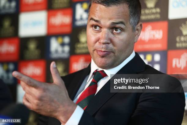 Anthony Seibold speaks to the media during a South Sydney Rabbitohs NRL coaching announcement at Redfern Oval on September 7, 2017 in Sydney,...