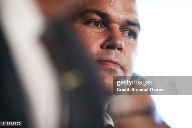 Anthony Seibold speaks to the media during a South Sydney Rabbitohs NRL coaching announcement at Redfern Oval on September 7, 2017 in Sydney,...