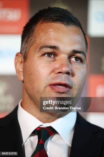 Anthony Seibold speaks to the media during a South Sydney Rabbitohs NRL coaching announcement at Redfern Oval on September 7, 2017 in Sydney,...