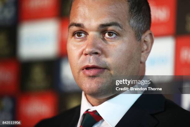 Anthony Seibold speaks to the media during a South Sydney Rabbitohs NRL coaching announcement at Redfern Oval on September 7, 2017 in Sydney,...