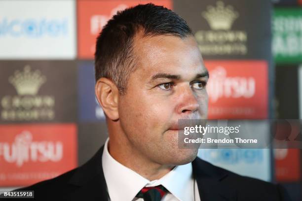 Anthony Seibold speaks to the media during a South Sydney Rabbitohs NRL coaching announcement at Redfern Oval on September 7, 2017 in Sydney,...