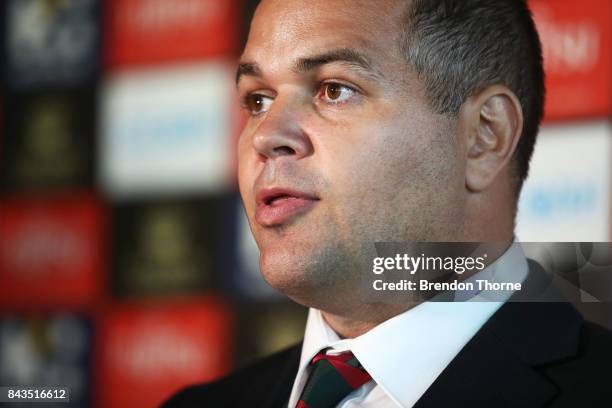 Anthony Seibold speaks to the media during a South Sydney Rabbitohs NRL coaching announcement at Redfern Oval on September 7, 2017 in Sydney,...