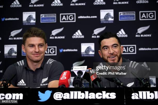 Beauden Barrett and Nehe Milner-Skudder of the All Blacks speaks to media ahead of a New Zealand All Blacks training session at Yarrow Stadium on...