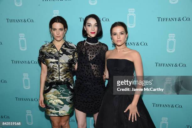 Riley Keough, St. Vincent, and Zoey Deutch attend the Tiffany & Co. Fragrance launch event on September 6, 2017 in New York City.