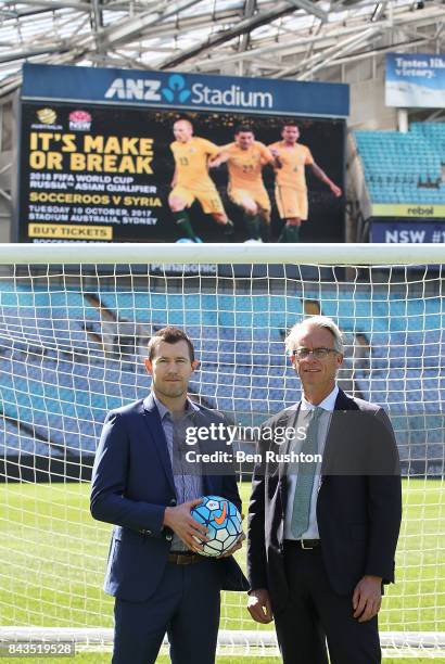 Former Socceroo Brett Emerton and FFA CEO David Gallop pose during an FFA Socceroos announcement at ANZ Stadium on September 7, 2017 in Sydney,...