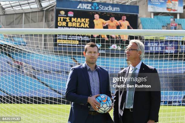 Former Socceroo Brett Emerton and FFA CEO David Gallop pose during an FFA Socceroos announcement at ANZ Stadium on September 7, 2017 in Sydney,...