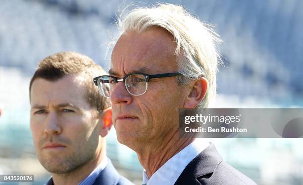 David Gallop speaks to the media during an FFA Socceroos announcement at ANZ Stadium on September 7, 2017 in Sydney, Australia. ANZ Stadium will play...