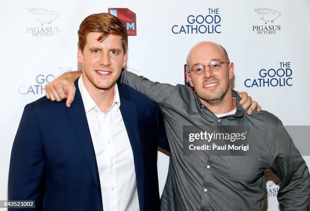 Actor/Producer Zachary Spicer and Writer and Director Paul Shoulberg arrive at "The Good Catholic" New York premiere at the Crosby Street Hotel on...