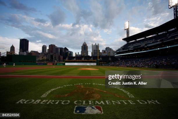 View of the field on Roberto Clemente day at PNC Park before the game between the Pittsburgh Pirates and the Chicago Cubs on September 6, 2017 in...