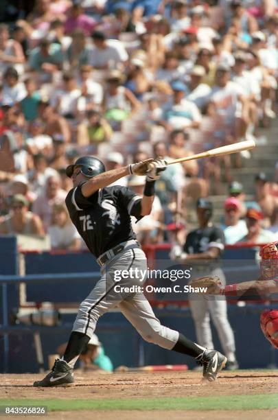 Carlton Fisk of the Chicago White Sox bats against the California Angels at the Big A circa 1992 in Anaheim,California.