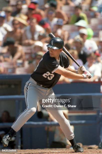 Robin Ventura of the Chicago White Sox bats against the California Angels at the Big A circa 1992 in Anaheim,California.
