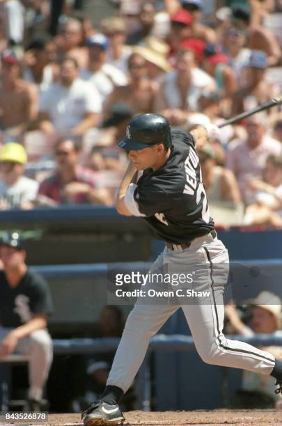 Robin Ventura of the Chicago White Sox bats against the California Angels at the Big A circa 1992 in Anaheim,California.