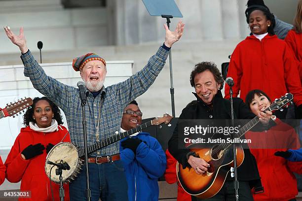 Musicians Pete Seeger and Bruce Springsteen perform in front of the Lincoln Memorial during the "We Are One: The Obama Inaugural Celebration At The...