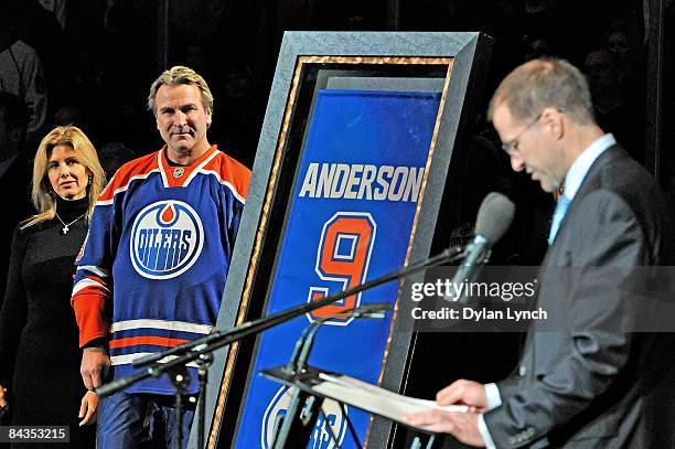 January 18: Glenn Anderson watches Kevin Lowe, President of Hockey Operations for the Edmonton Oilers, give a speech during the jersey retirement...