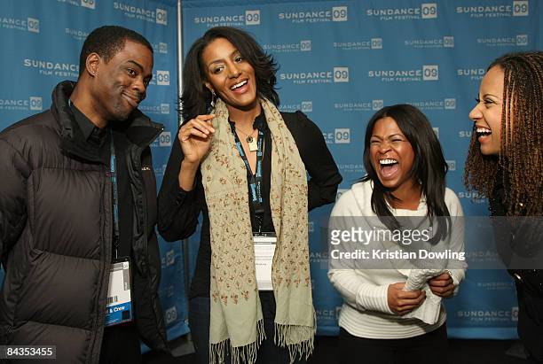 Comedian/writer Chris Rock, actresses Sarah Jones, Nia Long, and Tracie Thoms attend the screening of "Good Hair" held at the Temple Theatre during...