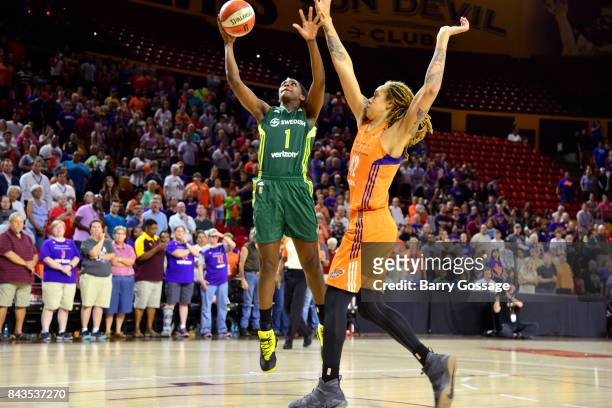 Crystal Langhorne of the Seattle Storm shoots the ball Brittney Griner of the Phoenix Mercury in Round One of the 2017 WNBA Playoffs on September 6,...