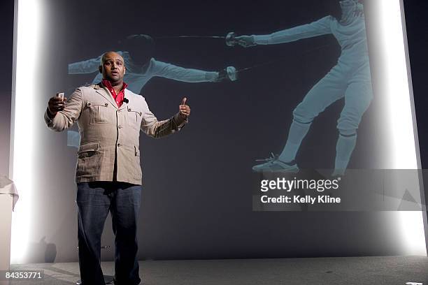 Jordan Brand footwear designer Jason Mayden addresses the media during the launch of the Air Jordan 2009 at The Event Space on January 8, 2009 in New...