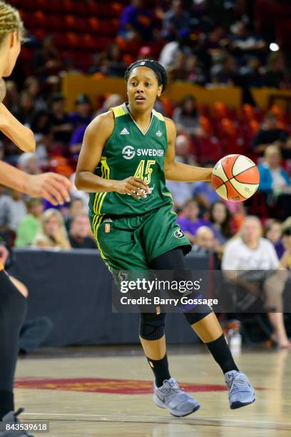 Noelle Quinn of the Seattle Storm handles the ball during the game against the Phoenix Mercury in Round One of the 2017 WNBA Playoffs on September 6,...