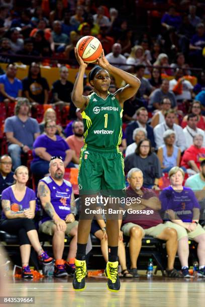 Crystal Langhorne of the Seattle Storm shoots the ball during the game against the Phoenix Mercury in Round One of the 2017 WNBA Playoffs on...