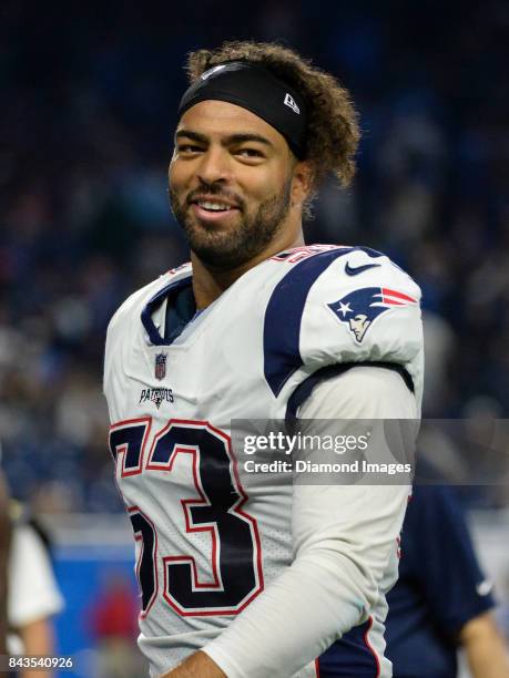 Linebacker Kyle Van Noy of the New England Patriots walks off the field for halftime of a preseason game on August 25, 2017 against the Detroit Lions...