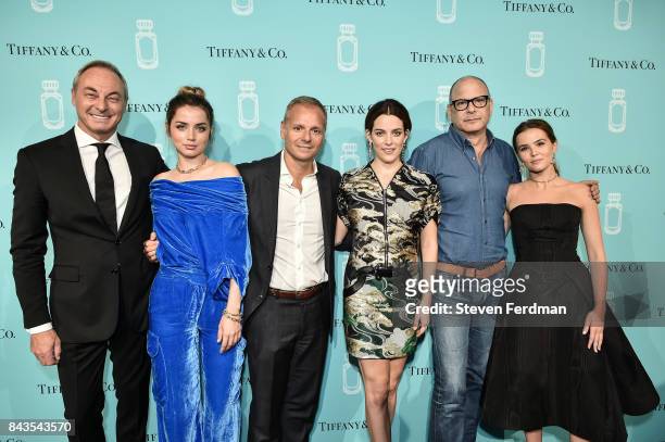 Edgar Huber, Ana de Armas, guest, Riley Keough, Reed Krakoff, and Zoey Deutch attend the Tiffany & Co. Fragrance launch event on September 6, 2017 in...