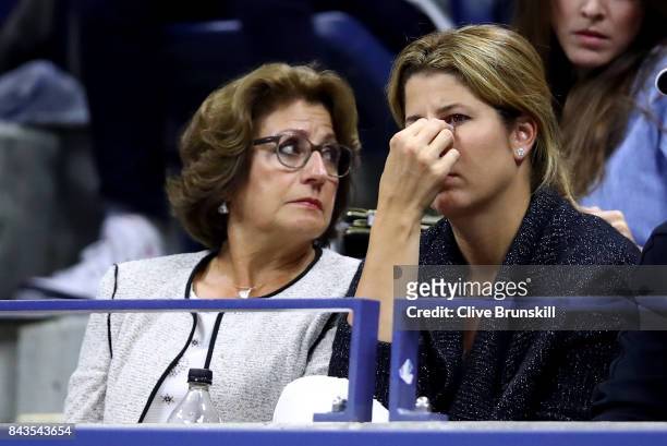 Mother Lynette Federer and wife Mirka Federer react as Roger Federer of Switzerland plays against Juan Martin del Potro of Argentina during their...