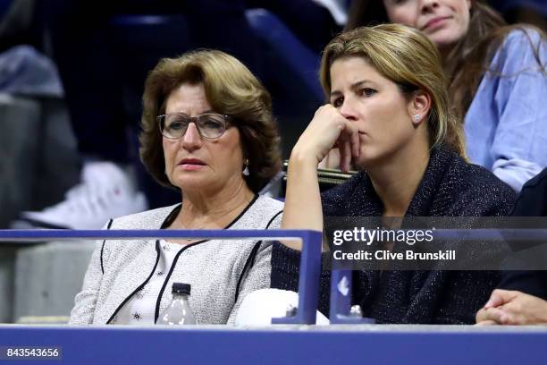 Mother Lynette Federer and wife Mirka Federer react as Roger Federer of Switzerland plays against Juan Martin del Potro of Argentina during their...