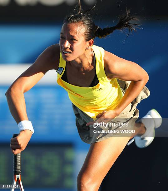 Anne Keothavong of Britain plays a shot against Anna Chakvetadze of Russia during the opening day of the Australian Open in Melbourne on January 19,...