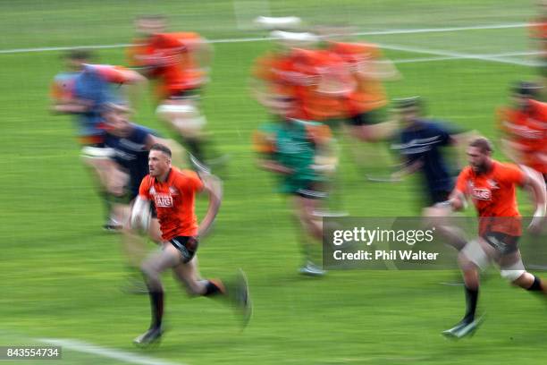 Sonny Bill Williams of the All Blacks runs into space during the New Zealand All Blacks training session at Yarrow Stadium on September 7, 2017 in...