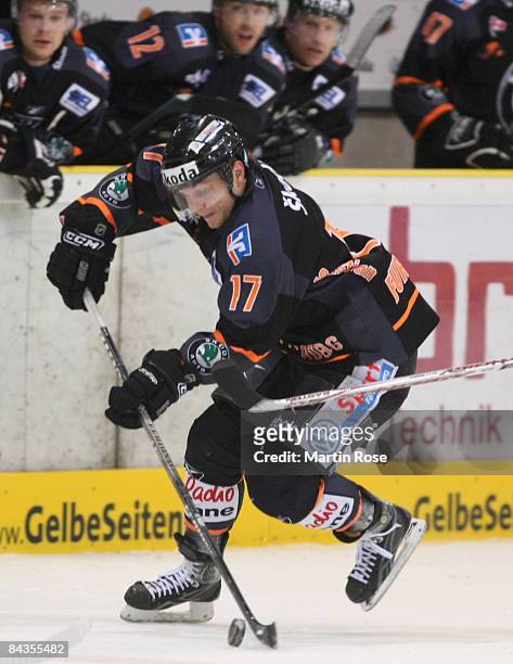 Sebastian Furchner of Wolfsburg runs with the puck during the DEL match between Grizzly Adams Wolfsburg and Adler Mannheim at the VOLKSBANK BraWo...