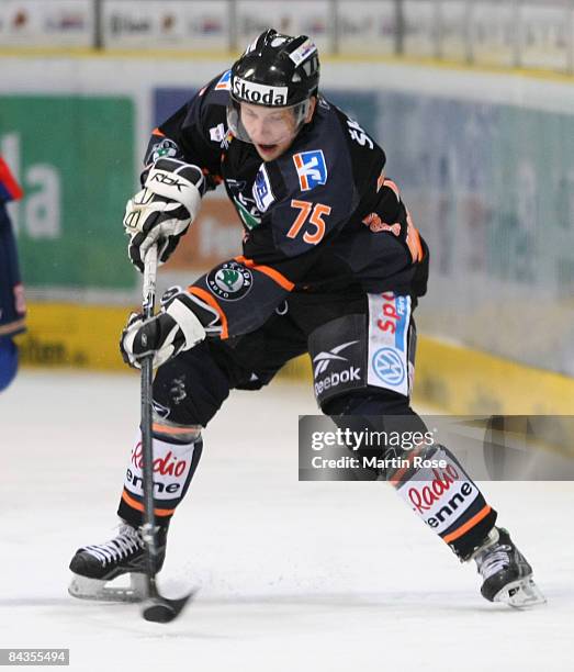 Andreas Morczinietz of Wolfsburg runs with the puck during the DEL match between Grizzly Adams Wolfsburg and Adler Mannheim at the VOLKSBANK BraWo...