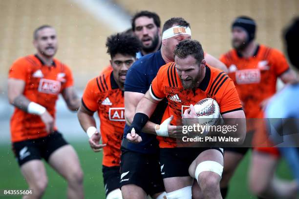 Kieran Read of the All Blacks is tackled during the New Zealand All Blacks training session at Yarrow Stadium on September 7, 2017 in New Plymouth,...