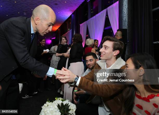 President of IWC Schaffhausen Edouard d' Arbaumont congratulates TIFF Rising Star Theodore Pellerin during the 2017 Toronto International Film...