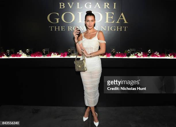 Bella Hadid attends the Bulgari launch of new fragrance "Goldea, The Roman Night" on September 6, 2017 in the Brooklyn borough of New York City.