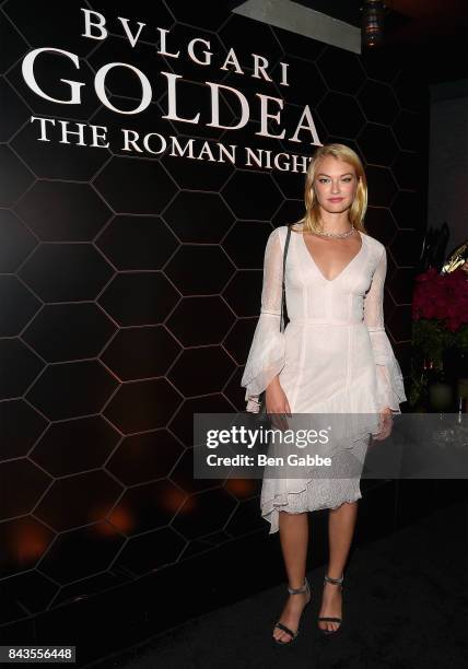 India Gants attends the Bulgari launch of new fragrance "Goldea, The Roman Night" on September 6, 2017 in the Brooklyn borough of New York City.