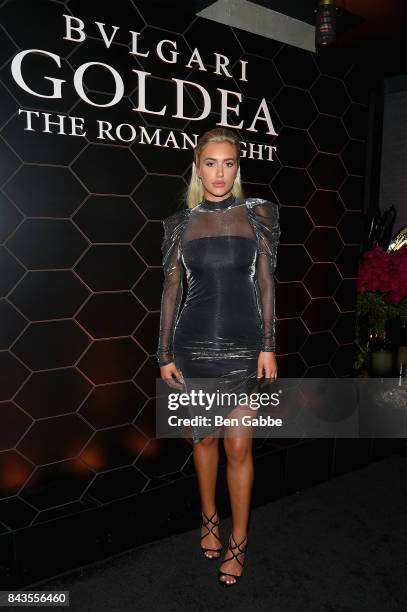 Anastasia Karanikolaou attends the Bulgari launch of new fragrance "Goldea, The Roman Night" on September 6, 2017 in the Brooklyn borough of New York...