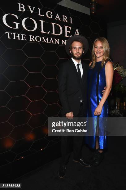 Hopper Penn and Elizabeth Gilpin attend the Bulgari launch of new fragrance "Goldea, The Roman Night" on September 6, 2017 in the Brooklyn borough of...