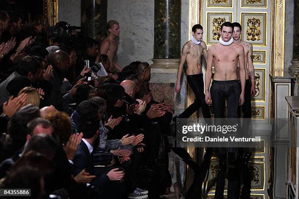 Models walk the runway during the Les Hommes show as part of Milan Fashion Week Autumn/Winter 2009/10 Menswear on January 17, 2009 in Milan, Italy.