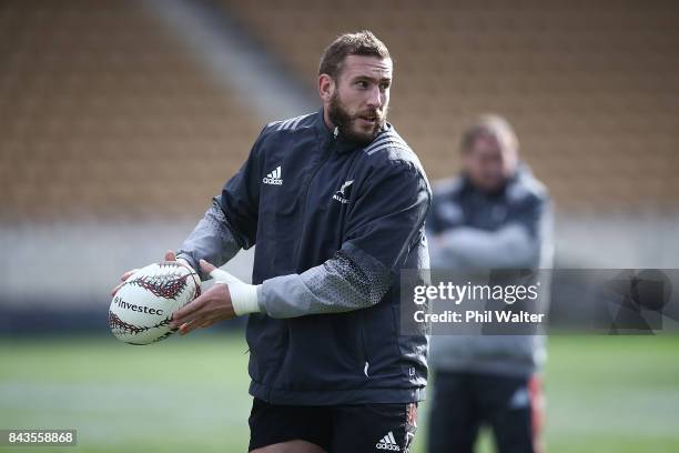 Luke Romano of the All Blacks passes during the New Zealand All Blacks training session at Yarrow Stadium on September 7, 2017 in New Plymouth, New...