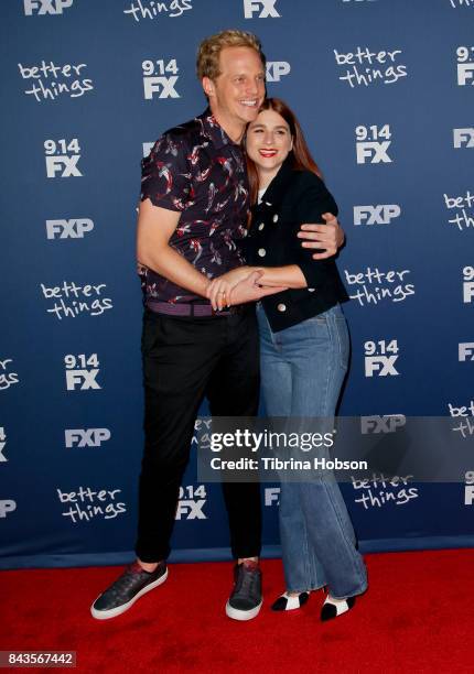 Chris Geere and Aya Cash attend the premiere of FX's 'Better Things' season 2 at Pacific Design Center on September 6, 2017 in West Hollywood,...