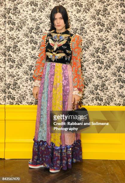 Soko attends Susan Chokachi and Linda Fargo host a private dinner to introduce Gucci Decor at BG Restaurant, Bergdorf Goodman on September 6, 2017 in...