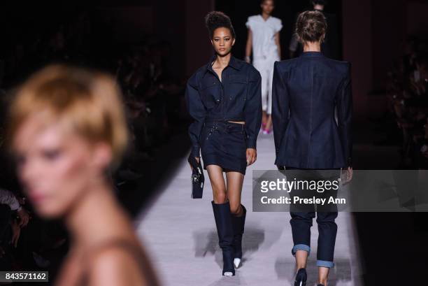Model Selena Forrest walks the runway at Tom Ford - Runway - September 2017 - New York Fashion Week at 643 Park Avenue on September 6, 2017 in New...